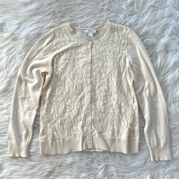 Ann Taylor loft cream lace front king sleeve cardigan button sweater - Picture 1 of 10